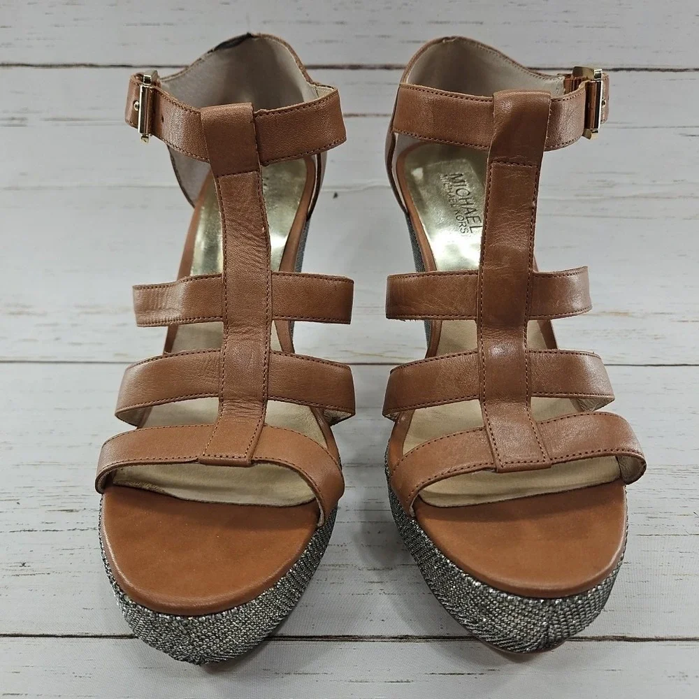 Michael Kors Faye Wedge Size‎ 10 Tan Gold Sparkle Leather Platform Sandals
